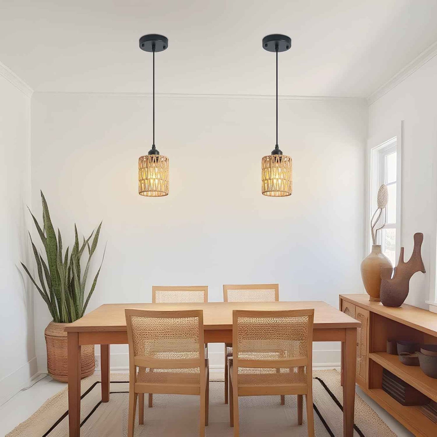 Rattan Chandelier Pendant Lights - 3 Pack Adjustable Height Boho Farmhouse Ceiling Fixtures for Kitchen & Dining Room