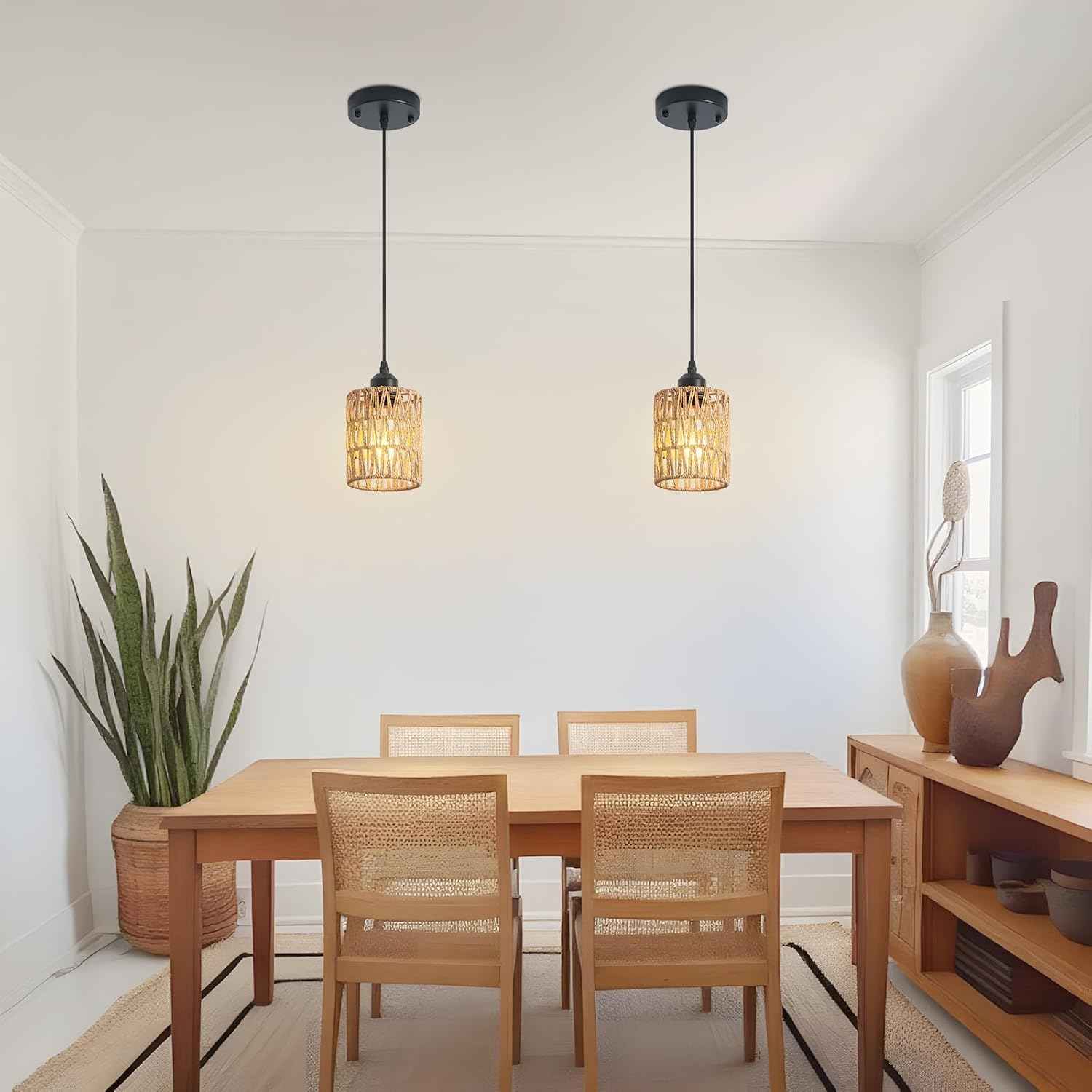 Rattan Chandelier Pendant Lights - 3 Pack Adjustable Height Boho Farmhouse Ceiling Fixtures for Kitchen & Dining Room