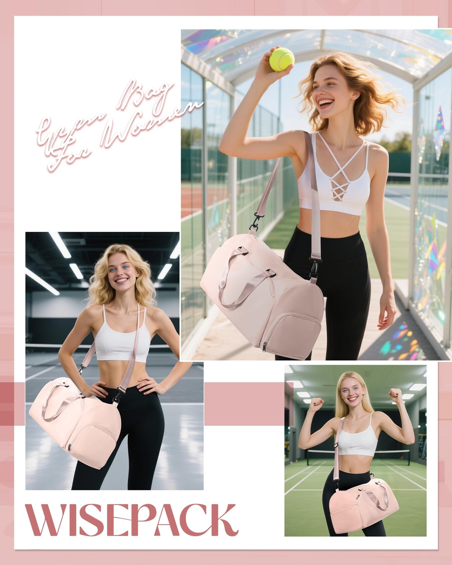Gym Bag for Women with Shoe Compartment Lightweight Travel Duffle Bags Carry on Bag Overnight Weekender Duffel Bag with Wet Pocket Personal Item Travel Bag Tote Bag Workout Dance Bag Pink