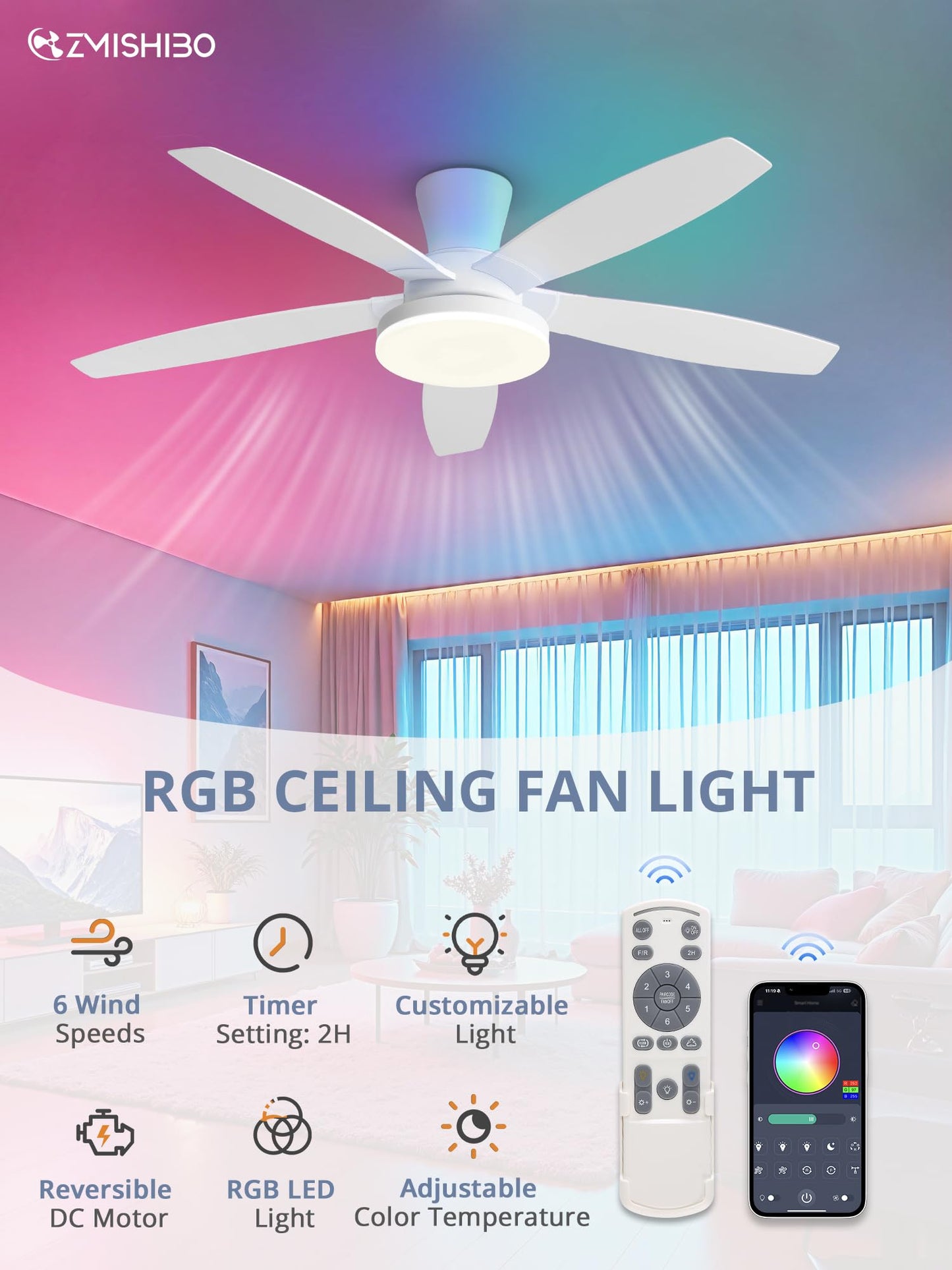 ZMISHIBO 48 inch RGB Ceiling Fans with Lights and Remote/APP Control,White Low Profile Ceiling Fan with Quiet DC Motor,LED Dimmable, Modern Flush Mount Ceiling Fan for Bedroom Indoor,Party, Patio