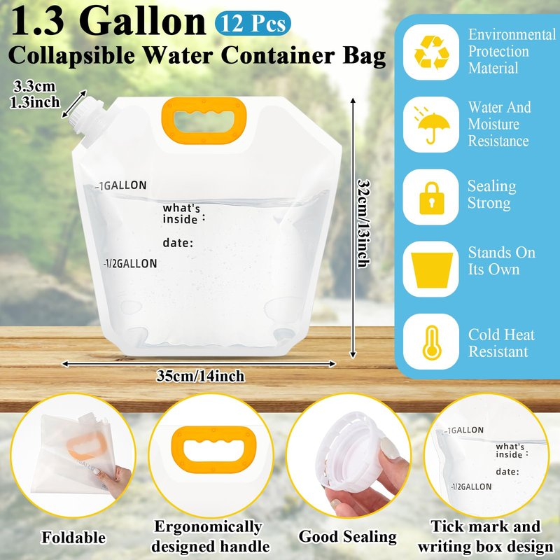 Tessco for you 12 Pack 1.3 Gallon Collapsible Water Storage Bag Water Container Emergency Jug Plastic Storage Pouch Freezable Carrier Tank Foldable Bottle for Outdoor Sport Camping (Clear with Scale)