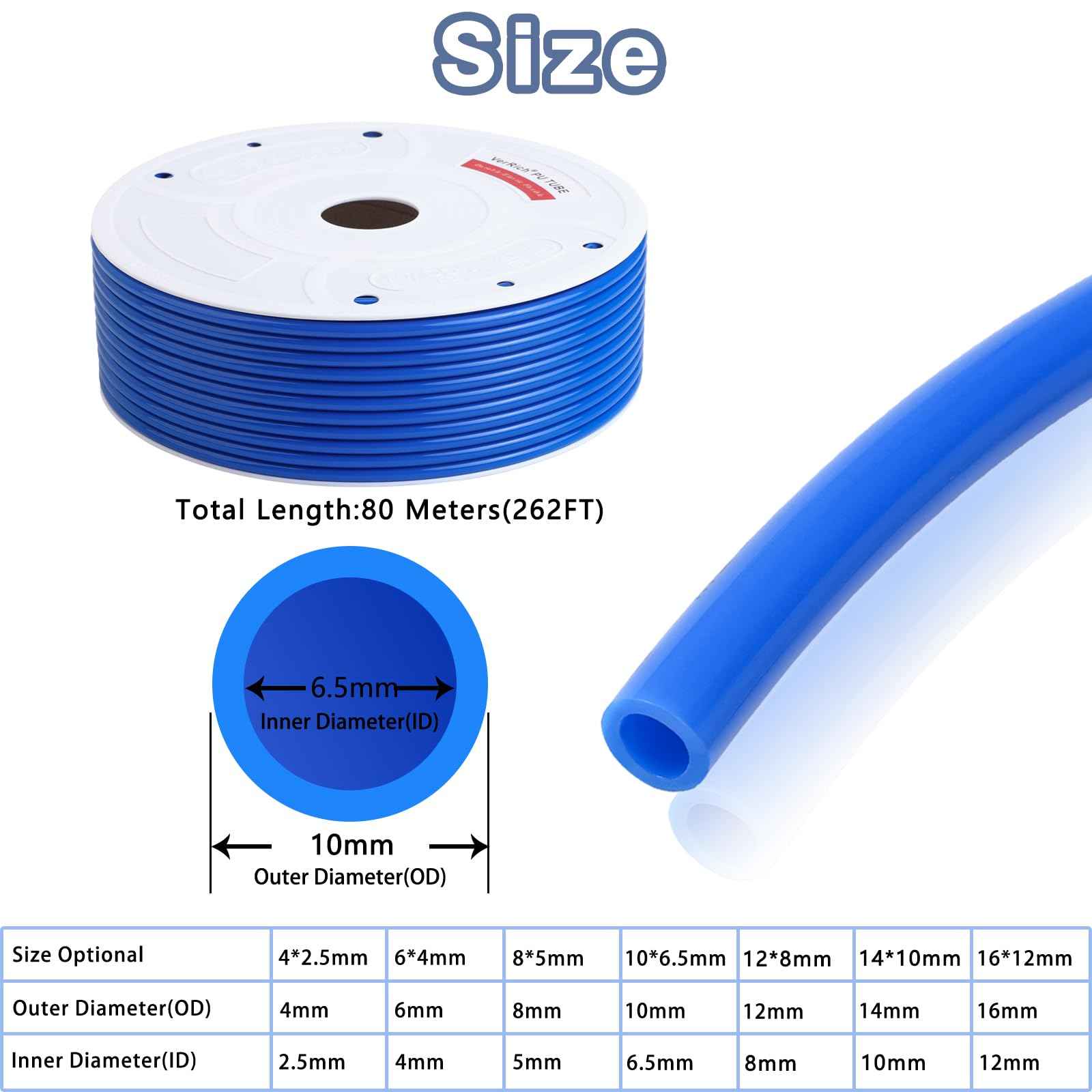 VerRich Pneumatic Tubing Pipe Pu Hose,Blue 10mm OD x 6.5mm ID 262 FT 80 Meters PU Air Hose Line Tube for Air Compressor Transfer