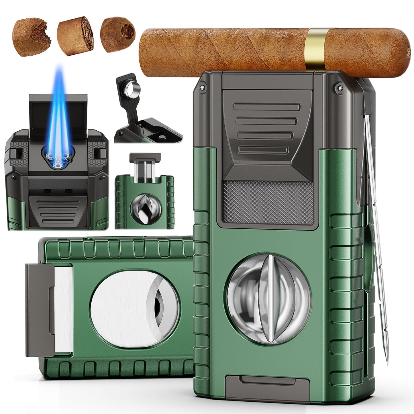 6-in-1 Torch Cigar Lighter with Triple Jet Flame, Dual Cigar Cutter, Punch, Draw Enhancer, Holder, Refillable Butane Lighter with Gift Box, Cool Lighters Cigar Accessories for Smoking, Travel, Candles