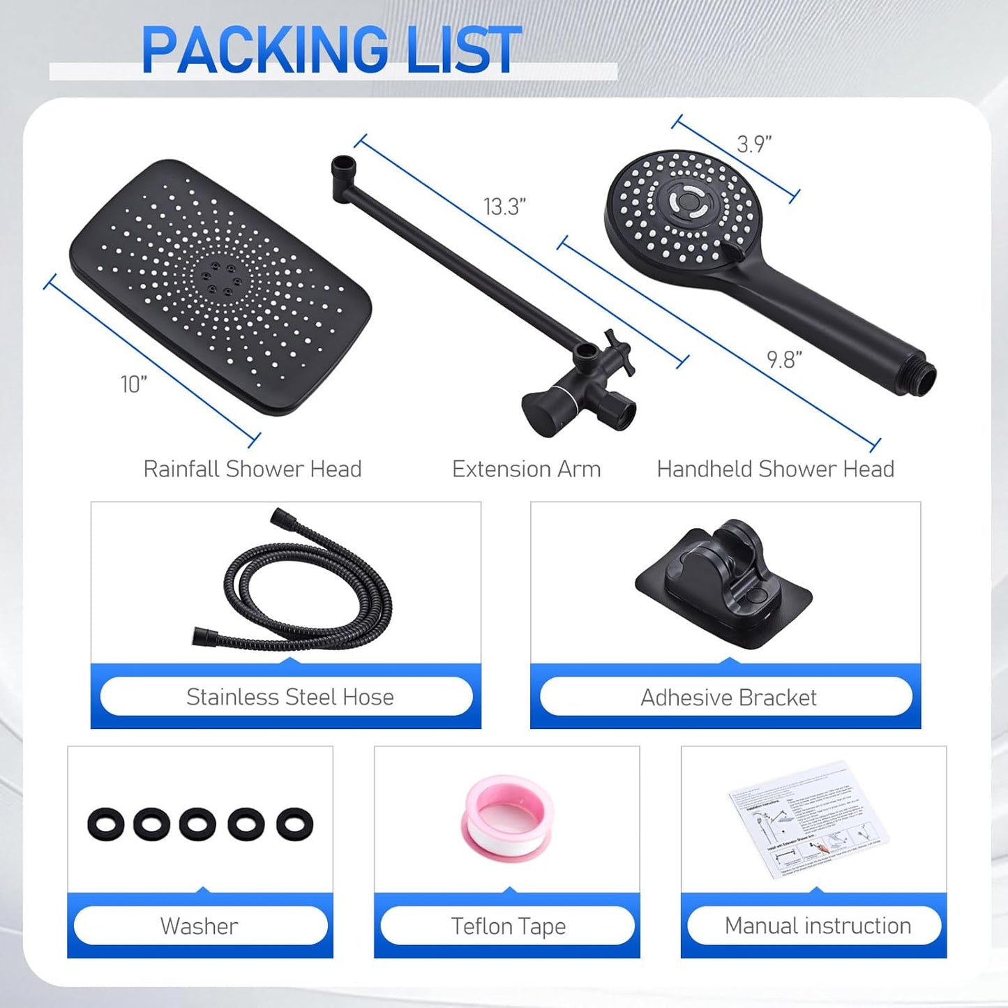 High Pressure 5-Mode Wide Rain Shower Head Combo with Handheld & Extension Arm - Black