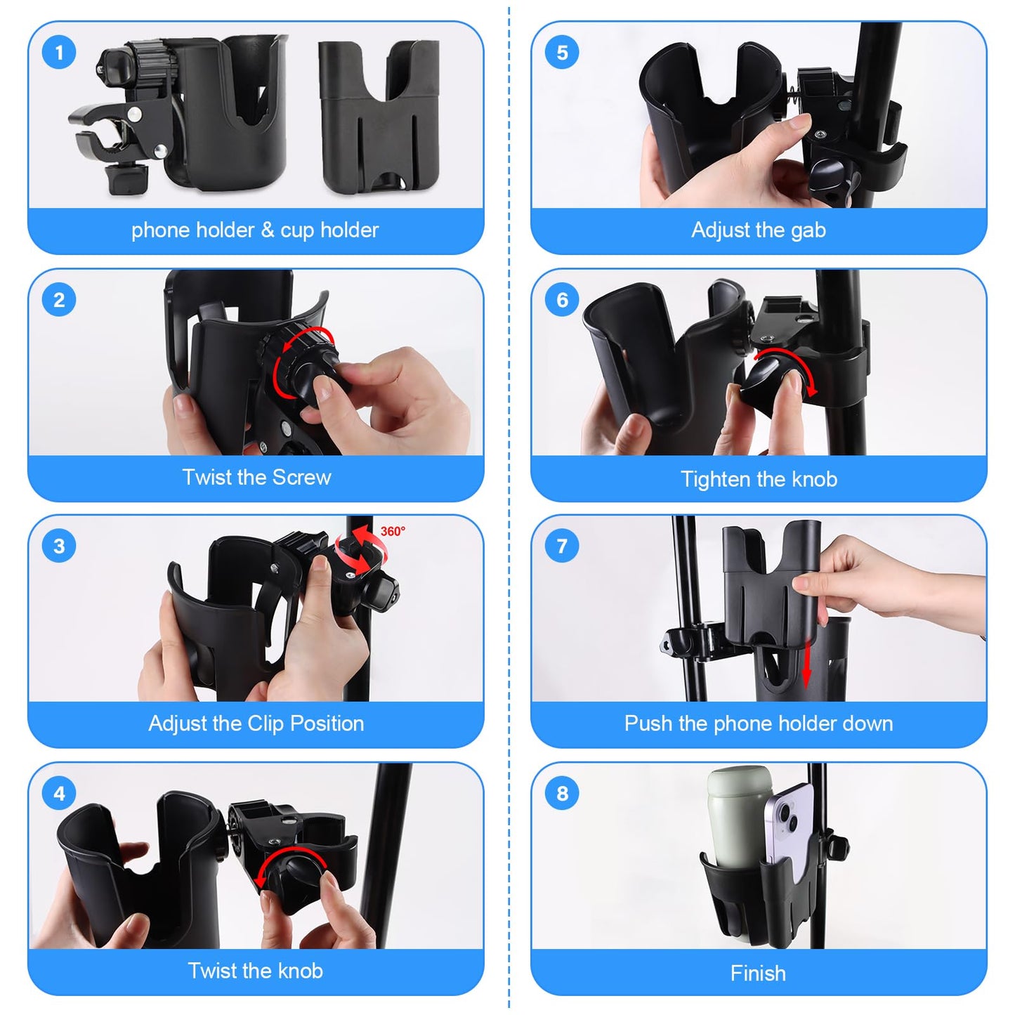 Snyeest Golf Cart Cup Holder with Phone Holder, 2-in-1 Adjustable Universal Cup Phone Holder Front and Rear Seat Armrest Kit Accessories Compatible for EZGO/Club Car/Yamaha & Most Golf Carts