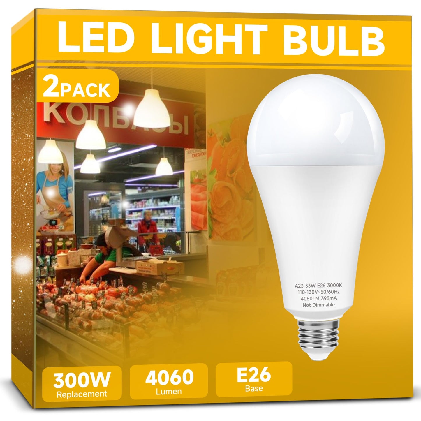 Prosperbiz 300W Equivalent LED Light Bulb, Super Bright 4060 Lumen Warm White 3000K, A23 E26 Medium Base 33 Watt LED Bulb for Garage Warehouse Workshop Backyard Patio Street Supermarket, 1-Pack