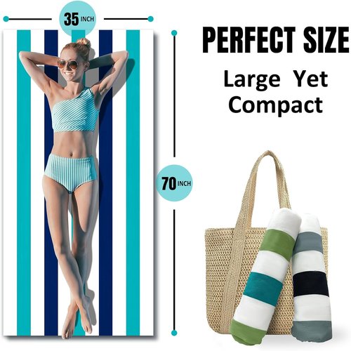 Cabanana Large Oversized Beach Towel - Quick-Dry Microfiber, Sand-Free, 35 x 70 Inch, Turquoise Stripes