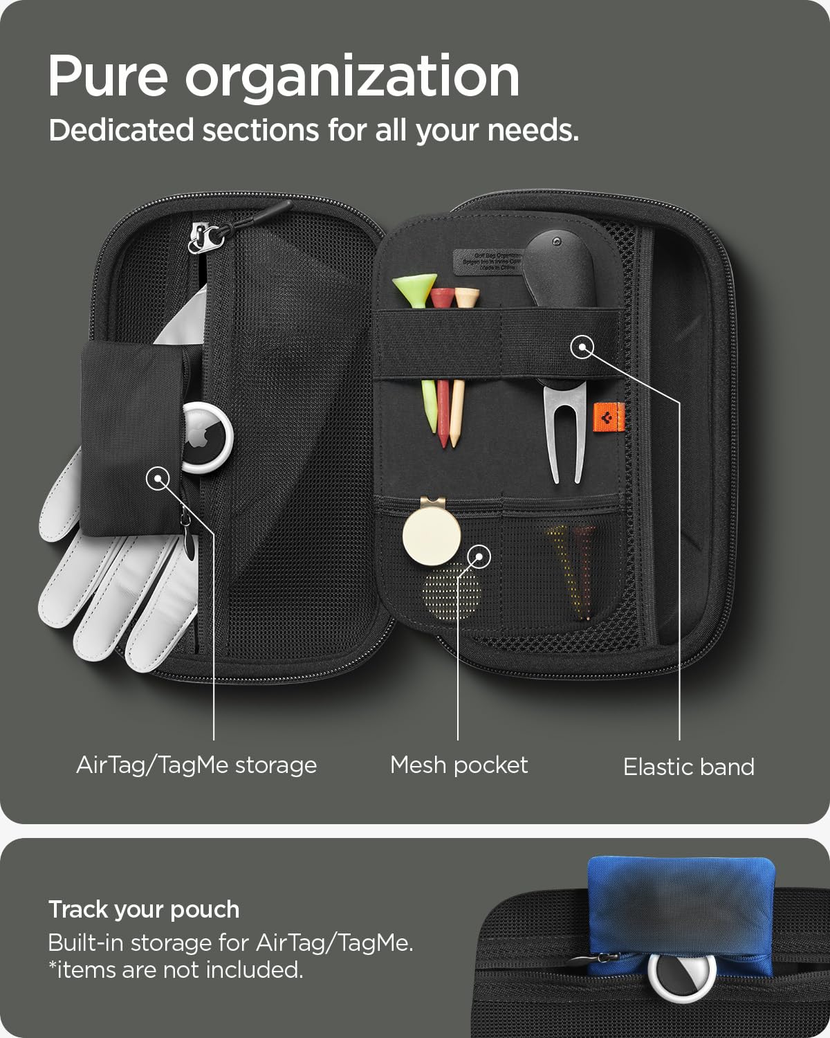 Spigen Golf Accessories Organizer Pouch – Valuables Holder for Balls, Tees, Markers & Gloves, Fits Range Finder, Portable Launch Monitor, Phone & Wallet