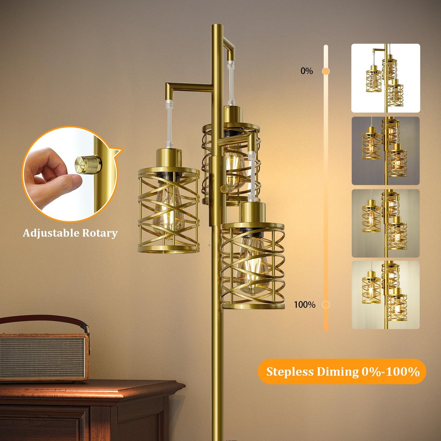 Oneach 70" Industrial Floor Lamp, Stepless Dimmable Standing Lamp with 3 Bulbs, Farmhouse Corner Standing Tree Lamp for Living Room, Tall Lamps for Bedroom, Office, Study Room, Dining Room, Gold