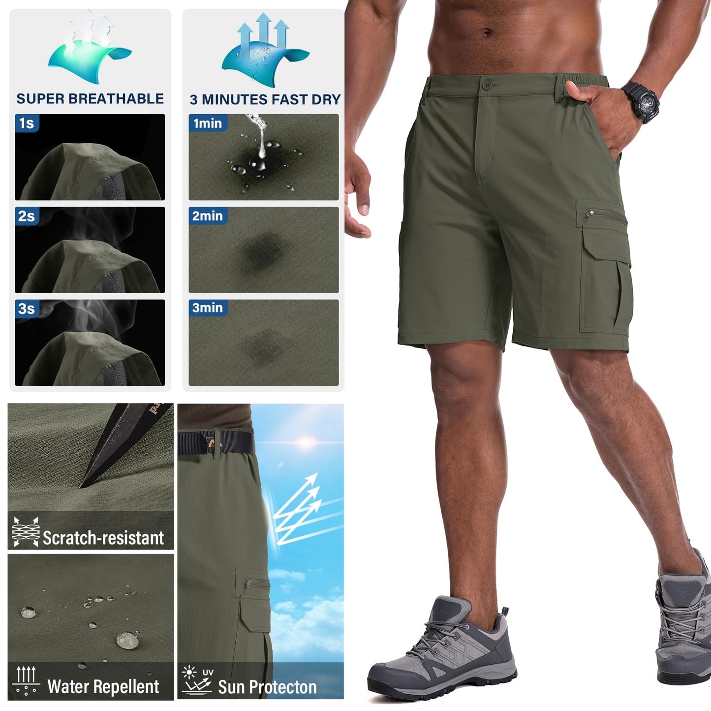 Jessie Kidden Mens Outdoor Casual Expandable Waist Lightweight Water Resistant Quick Dry Fishing Hiking Shorts #6222-Army Green,29