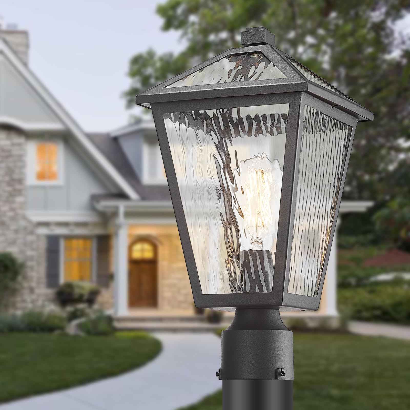 Luminzone Outdoor Post Lights with Water Ripple Glass, Modern Waterproof and Anti-Rust Aluminum Pillar Outside Lighting for Garden, Driveway, Patio, Porch, Garage, Black, Medium