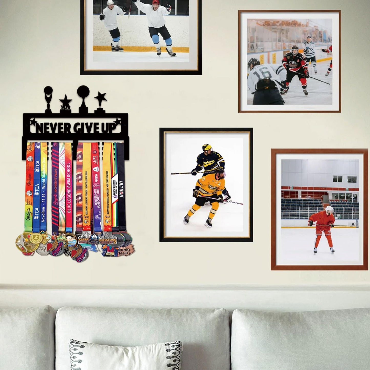 Resama Metal Holder Display Hanger Rack Frame- Metal Awards Rack for Walls Holds 40+ Never Give Up Sports Medals Hanger Ribbon Display Holder Rack with Easy Hanging