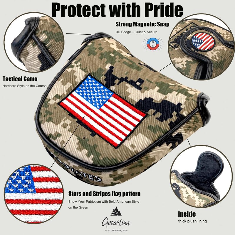 GOOACTION Camo Golf Mallet Putter Head Cover - Magnetic Closure Camouflage Green & USA Flag Design Waterproof PU Leather Protector for Mallet Clubs
