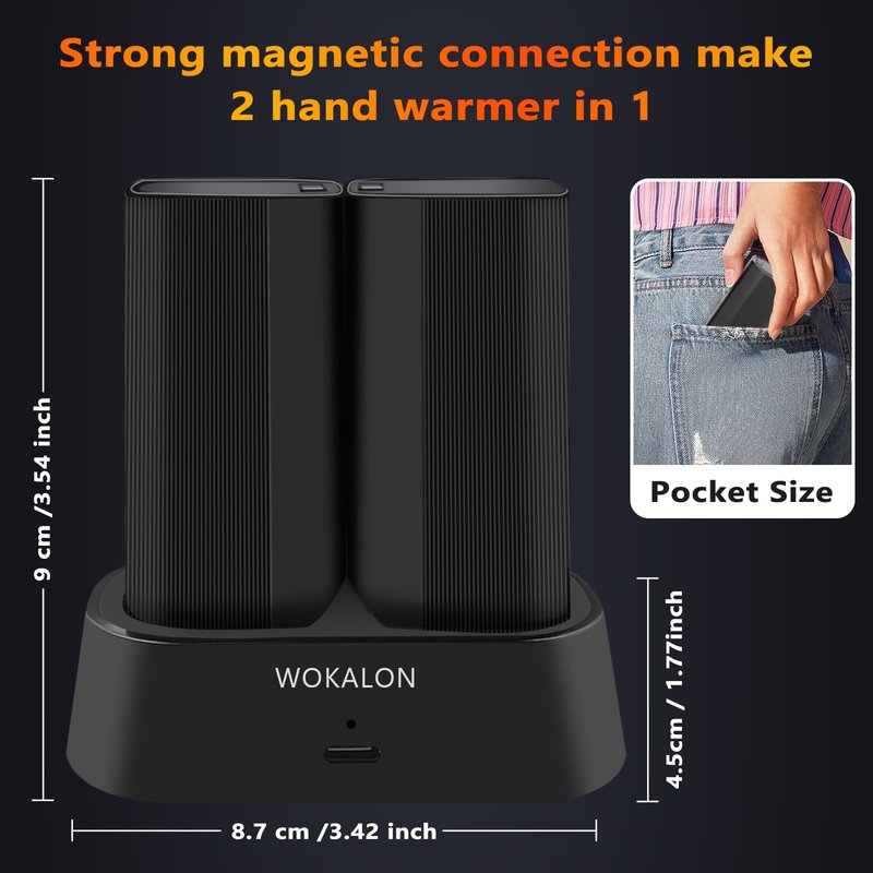 WOKALON Rechargeable Hand Warmer 2 Pack,10000mAh Electric Hand Warmers，24Hrs Long Safe Heat，360°Surround Heat Magnetic Portable Heater