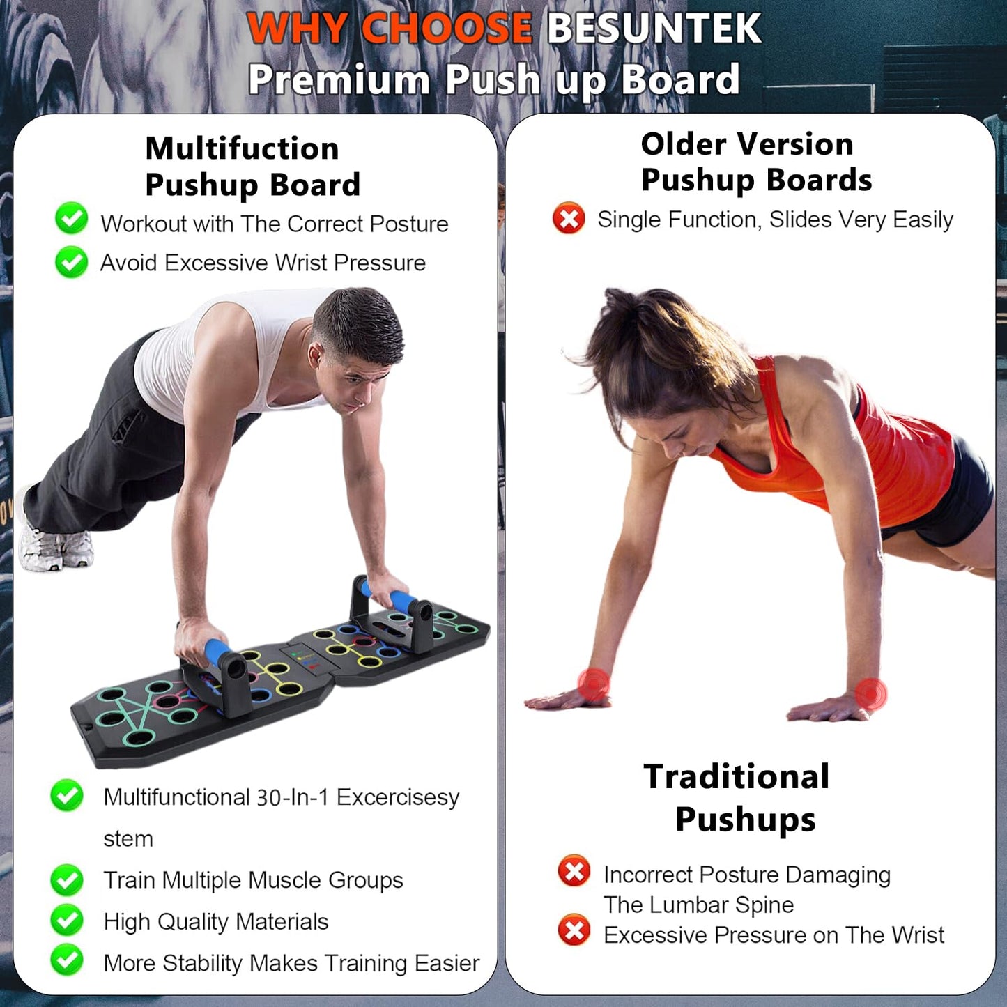 Push Up Board Fitness, BESUNTEK Foldable Multi-Function Exercise Board with Elastic Cord for Total Body Workouts, Portable Push Up Board for Floor