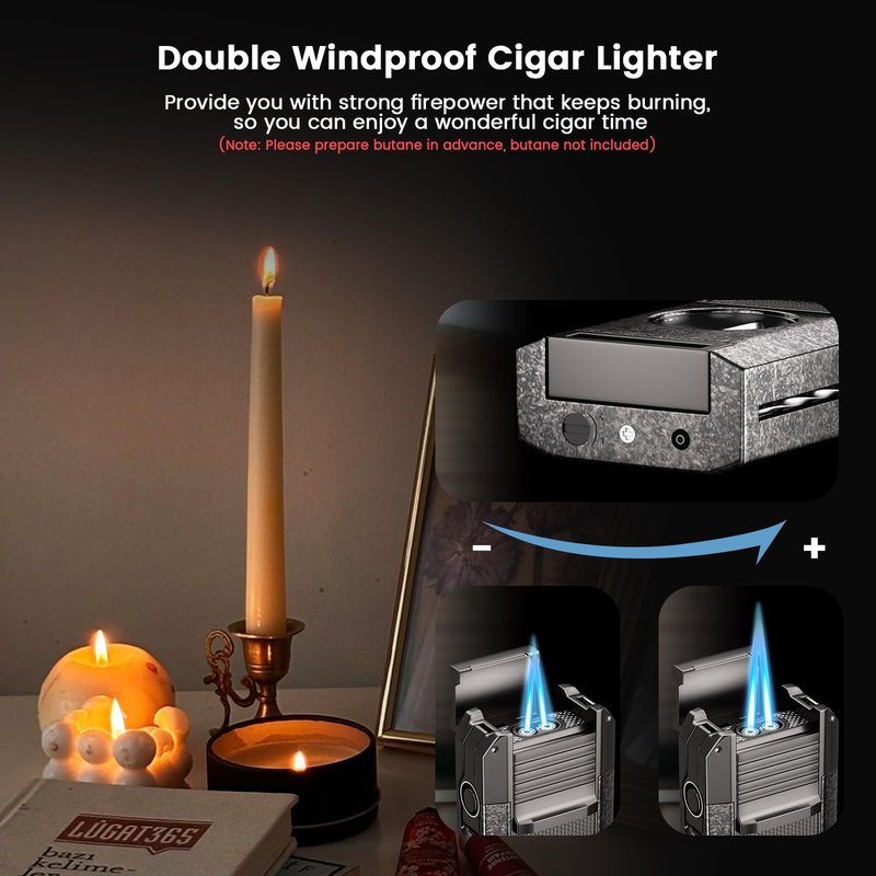5-in-1 Torch Lighter with Cutter, Punch and Draw Enhancer Tool, Dual Jet Windproof Flame Butane Lighter, Refillable Gift Set for Men, Candle, Outdoor and Travel