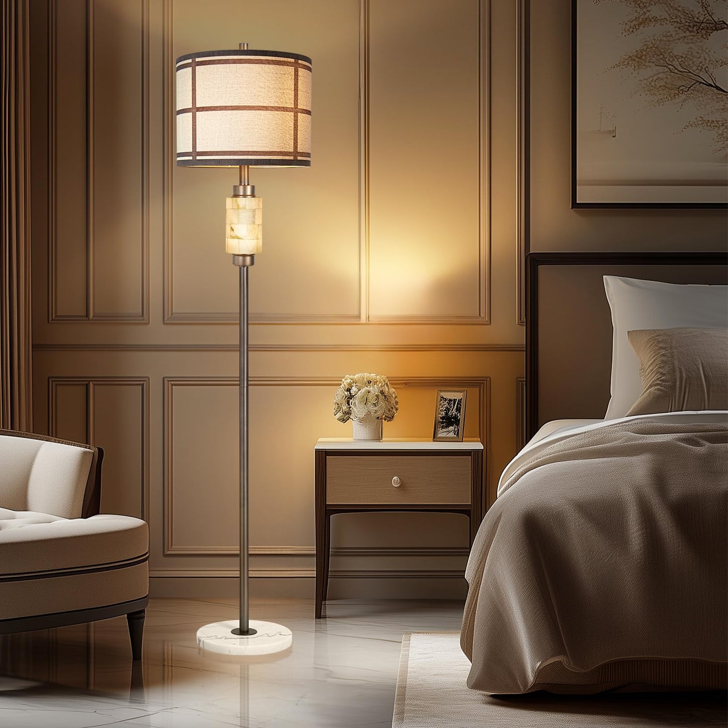 KIVDITZO Natural Alabaster Floor Lamp, Lamps for Bedroom, Tall Lamp with Night Light, Marble Base, Linen Shade,Living Room Lamp, Standing Lamp for Living Room Bedroom Office - Brown (Bulb Included)