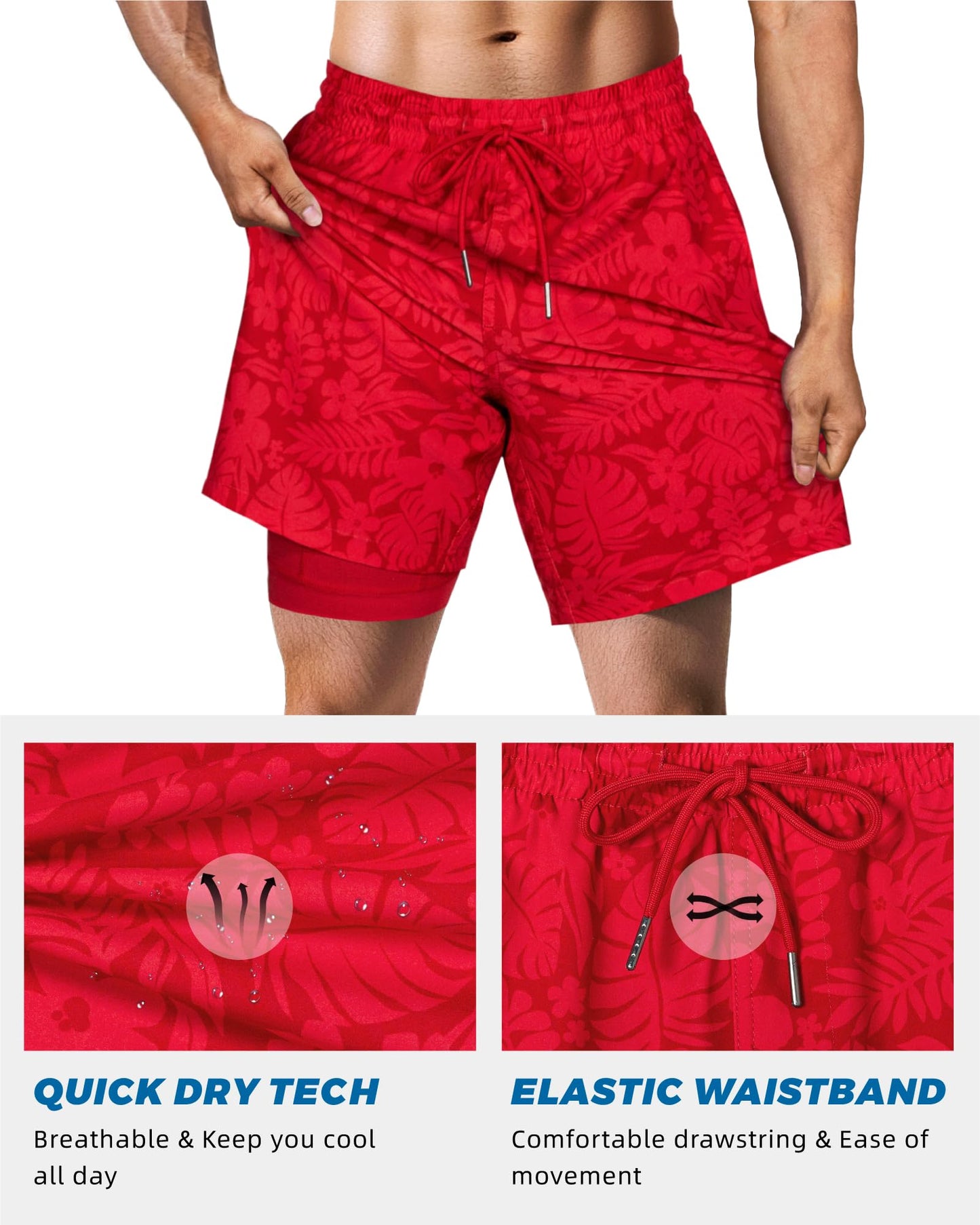 SURF CUZ Mens Swim Trunks with Compression Liner Quick Dry Swim Shorts 7" Swimming Trunks Stretch Zipper Pockets,Red Leaves,S