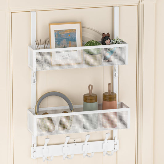 Aimeaihe Over The Door Hooks Organizer, Door Hanger Towel Rack with 2 Baskets, Adjustable Over The Door Coat Rack, Back of Door Storage for Bedroom, Kitchen, Bathroom (White)