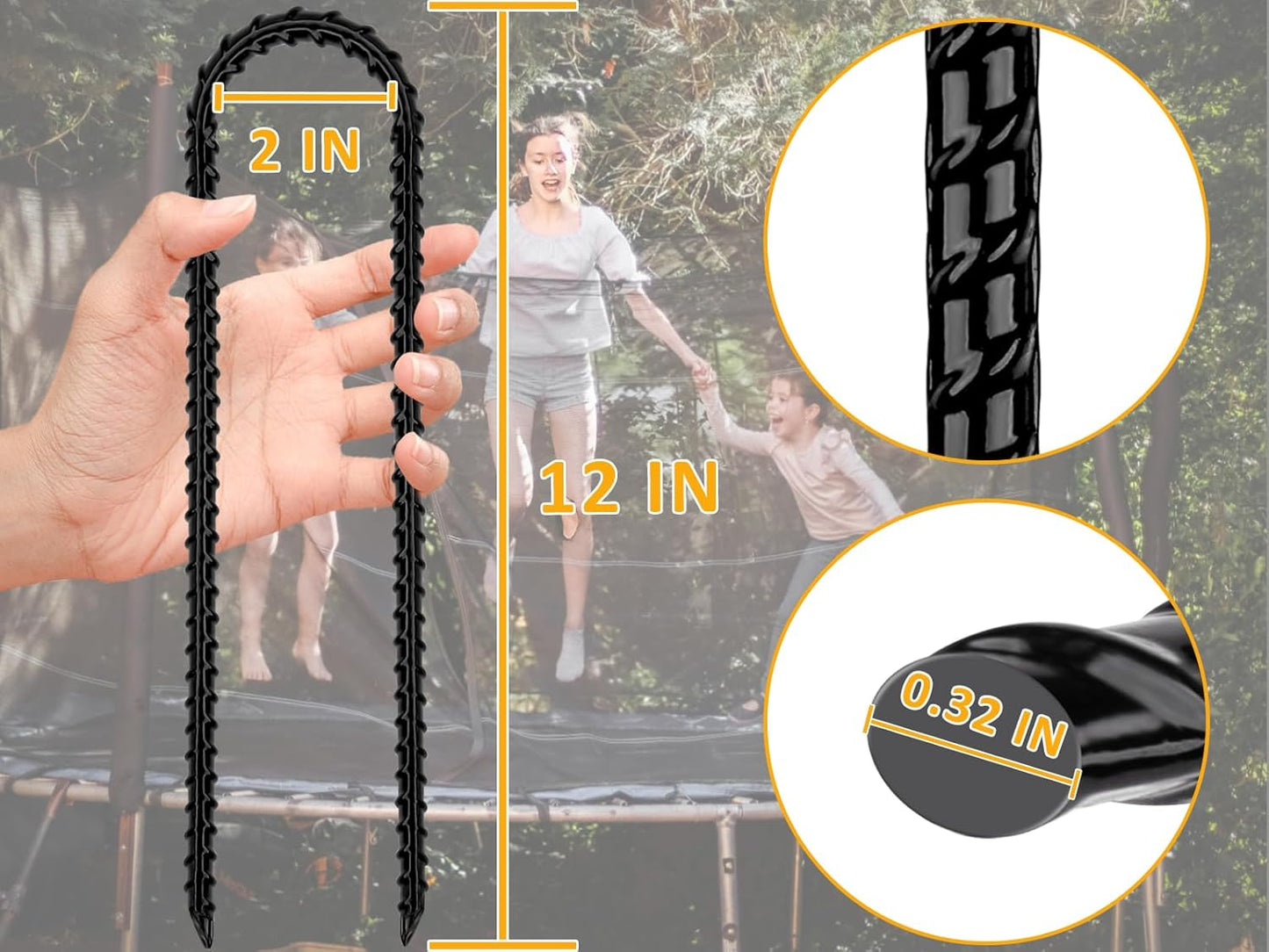 RIY Trampoline Stakes - Heavy Duty 12-Inch Ground Anchors for High Wind Stability | Durable T-Hook Included