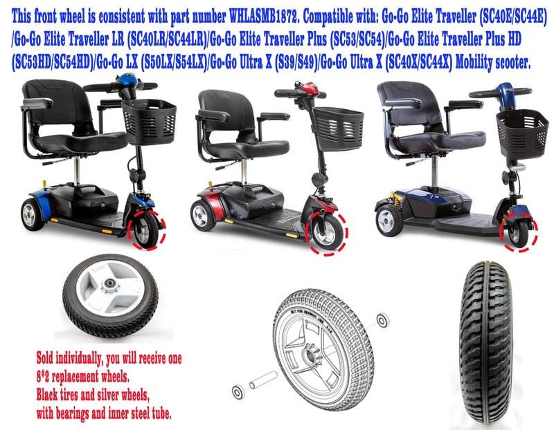 Mobility scooter replacement wheel,8"x2" (200x50) Flat-Free Front Wheel Tri-Spoke Rim for Go-Go & Pride 3-Wheel Travel Mobility Scooters (WHLASMB1872),W/bearing,Silver+Black,1Ea