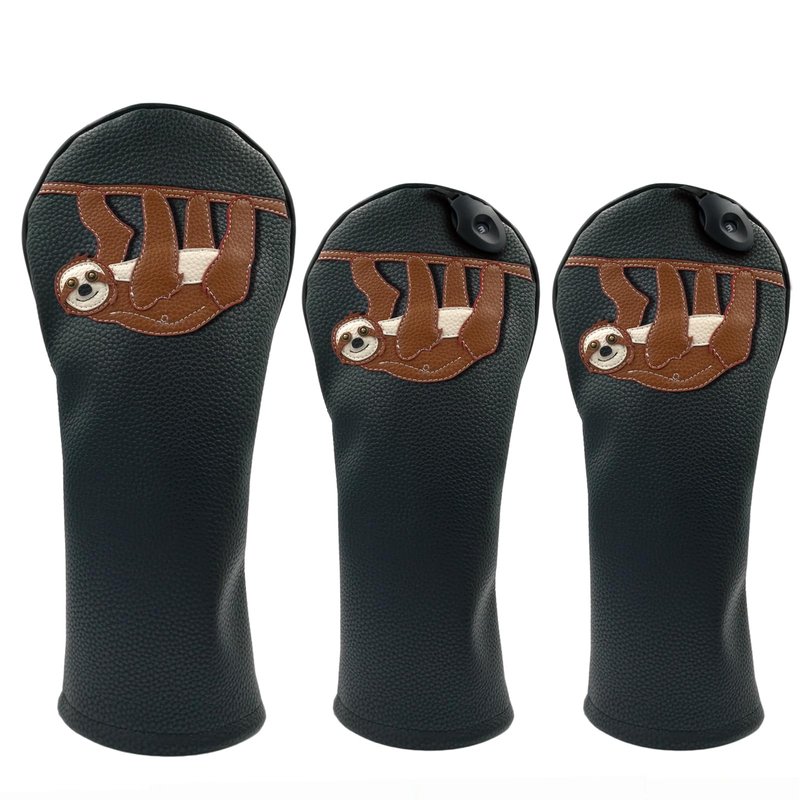 Sloth PU Leather Golf Club Covers Driver Headcovers Fairway Woods Hybrid Protector with Interchangeable Number Tag
