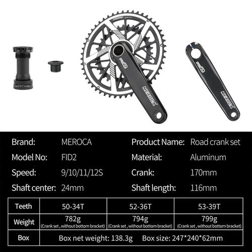 IKUOS Road Bike Crankset, 170mm Crankset, Direct-Mounted Crankset, 9/10/11/12S, 50-34T/52-36T/53-39T, Hollow One-piece Double Disc (52-36T)