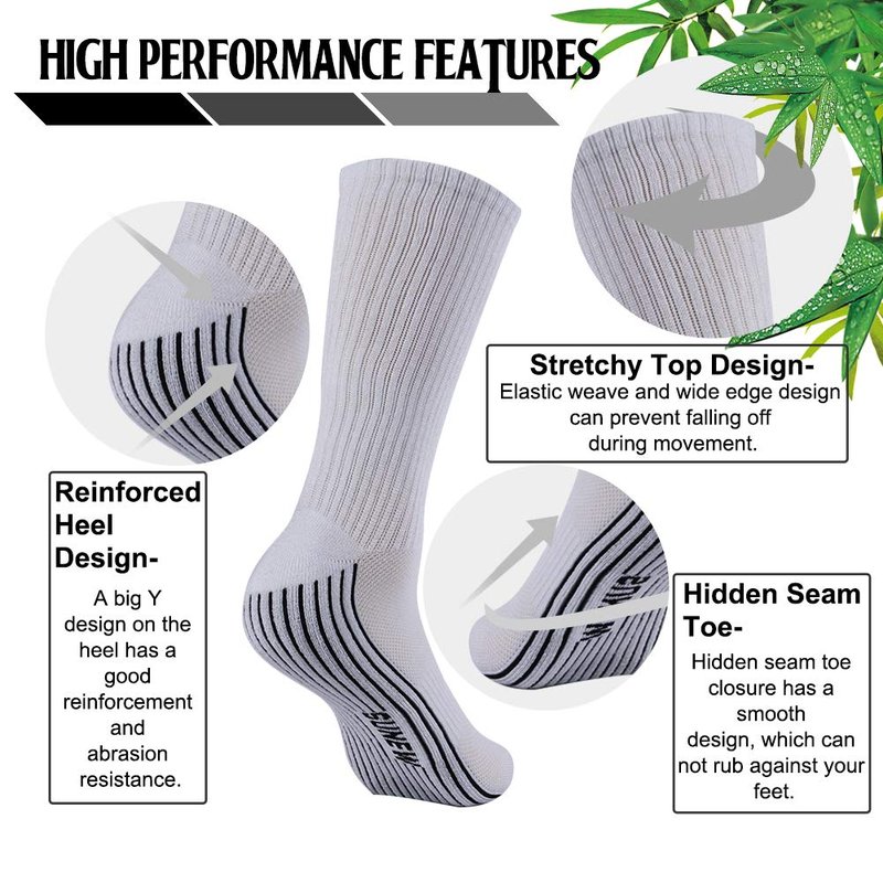 Sunew 6 Pairs Viscose Made from Bamboo Socks,Mens Moisture Wicking Extra Cushion Sport Working Crew Trekking Mid Calf Quick Dry Travel Fitness Socks White Large
