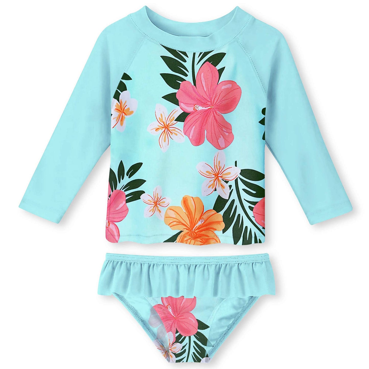 Funnycokid Girls Swimsuit Toddler Bathing Suit Swim Long Sleeve 2 Piece Rash Guard 4T 3T Set for Kids Hawaiian Blue Floral
