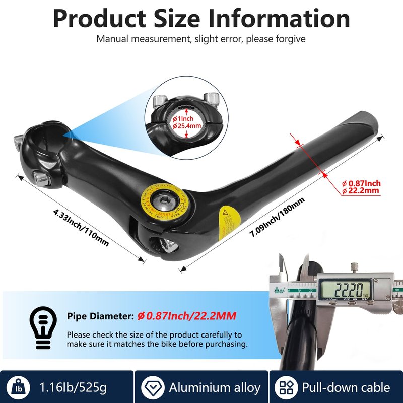 Relwears Black Quill Stem Adjustable 22.2mm Alloy Alum 180mm Reach 110 * 25.4 for Mountain Bike and Road Bike