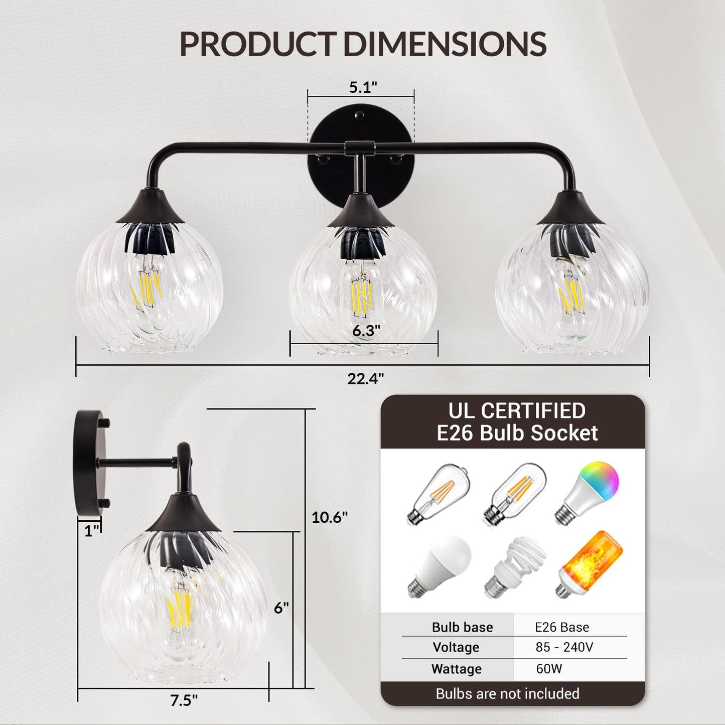 ANDY STAR 3-Light Matte Black Bathroom Vanity Light, 22” Modern Wall Sconce with Clear Spiral Glass Shades, Anti-Rust Metal Lighting Fixture for Bathroom Mirror, Powder Room, E26 Base