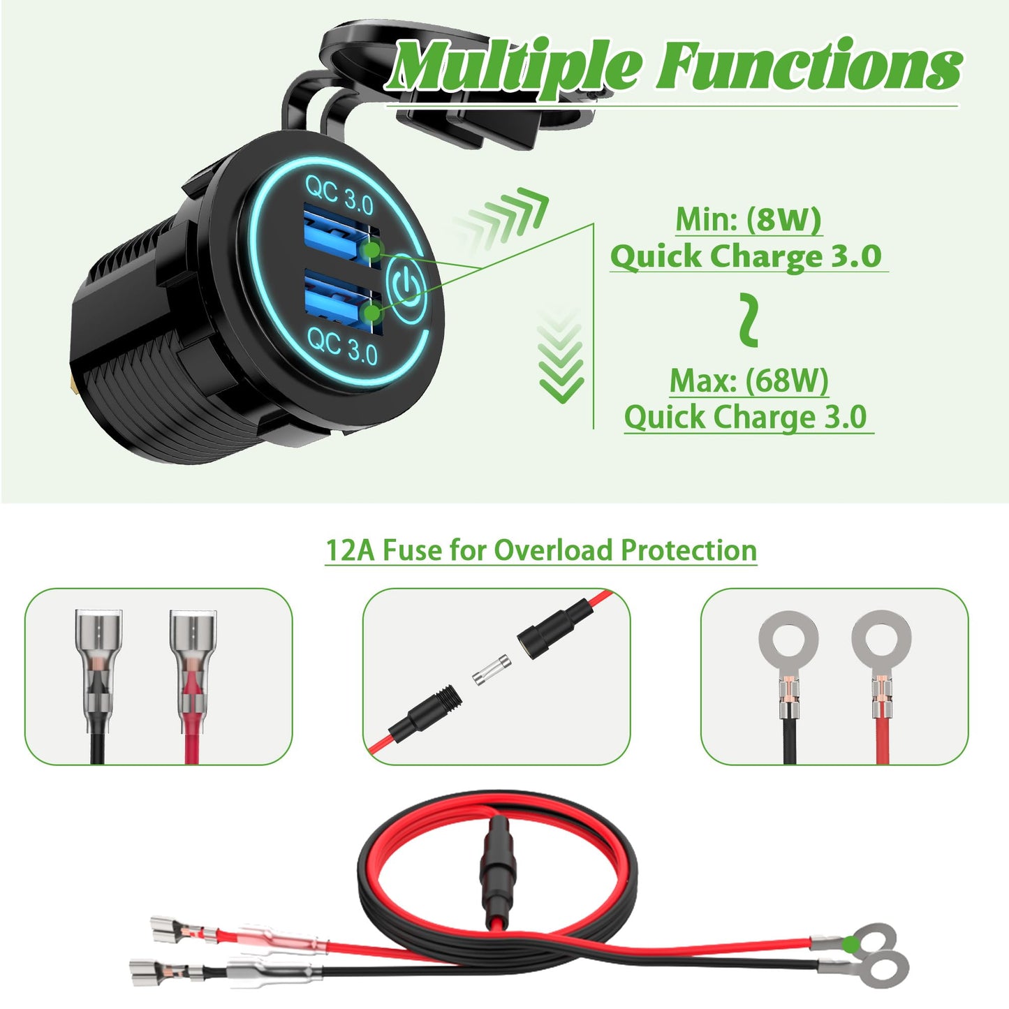 10L0L Golf Cart Quick Charge QC 3.0 Dual USB Charger Socket, 12V-24V USB Outlet for Yamaha EZGO Club Car, 12V Input Double USBs Ports with DIY Cars Port Outlet for Car Boat RV Motorcycle Truck