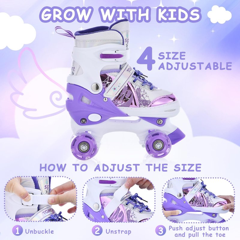 TOMSHOO Kids Roller Skates for Girls Boys 4 Sizes Adjustable Skates for Toddlers Beginner Teens with Light up Wheels Age 3-5 5-8 6-12 Children Gift for Indoor Outdoor (Purple, Medium)