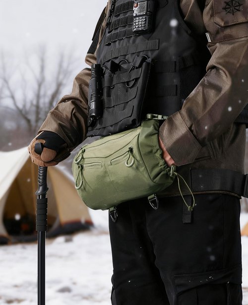 CVLIFE Hand Warmer Pouch with Hook & Loop, Portable Drop Hanger Waist Hand Muff for Skiing, Ice Fishing, Football, Camping, Adjustable Strap and Cuffs, 3 Pockets, Quick Release Buckles, Green