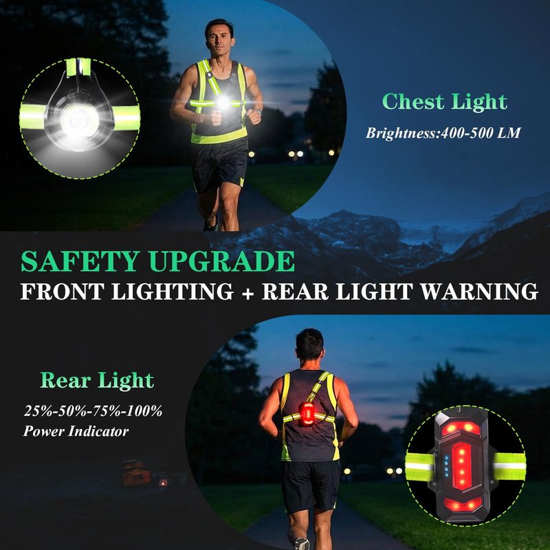 Running Lights for Runners with Rear Red Warning Light, 360° High Visibility Light Up Vest, Rechargeable Chest Light with Adjustable Beam Angle, IPX4 Waterproof, Reflective Gear for Outdoors, Green