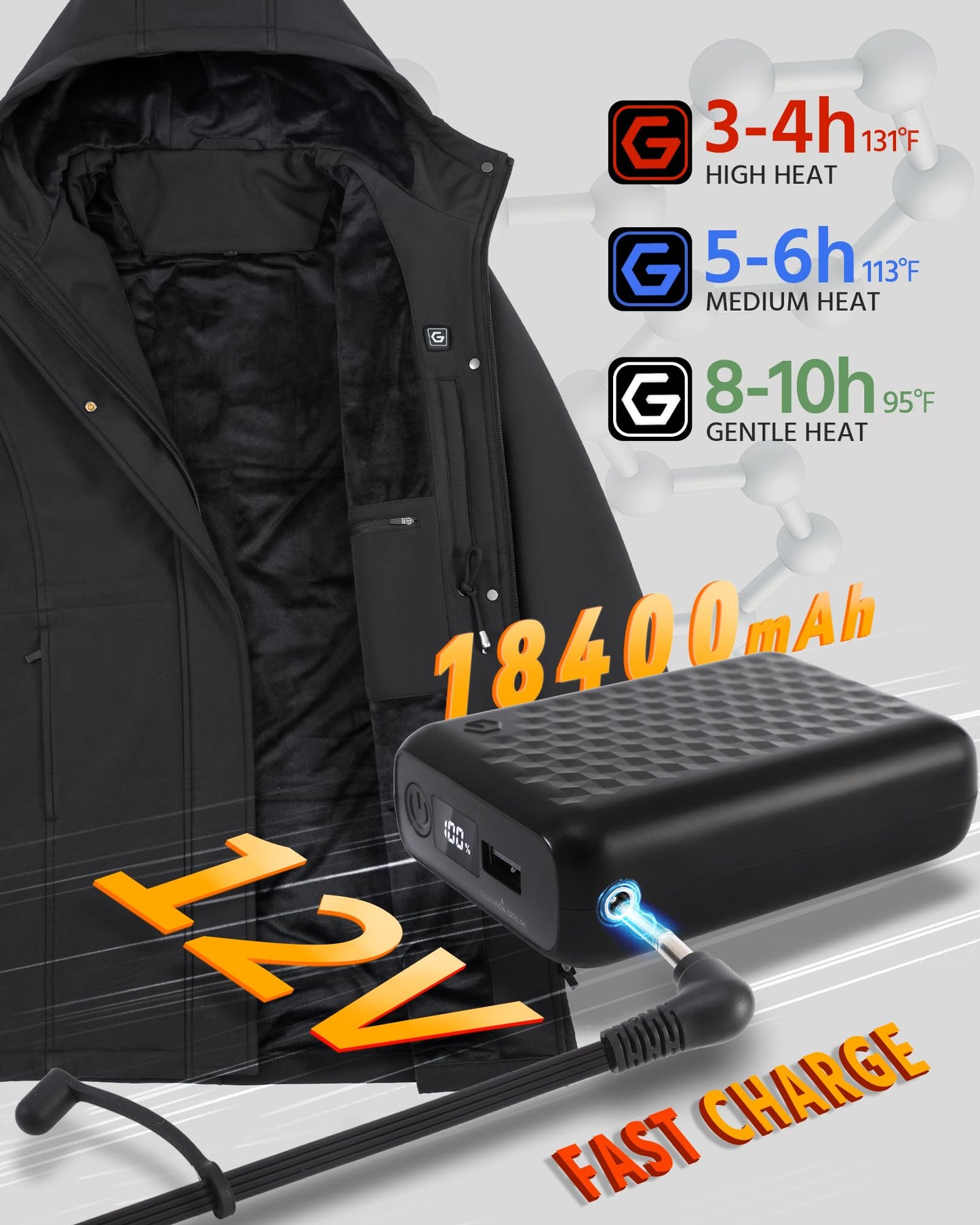 Wulcea Women Heated Jacket Battery Pack Included Rechargeable 12v 7.4v Waterproof Fleece Coat Winter Warm Puffer Clothing Apparel Electric USB Self Soft Shell Thermal Vest Hood Long Rain Parkas