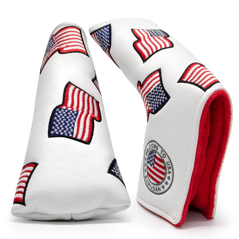 US Flag Putter Headcover - Premium Leather Magnetic Head Cover - White Golf Accessory