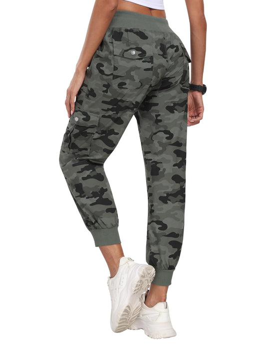 MoFiz Women Cargo Pants with Pockets Lightweight Outdoor Summer Travel Casual Hiking Pants Running Joggers Sweatpants Elastic Waist Camouflage Green L