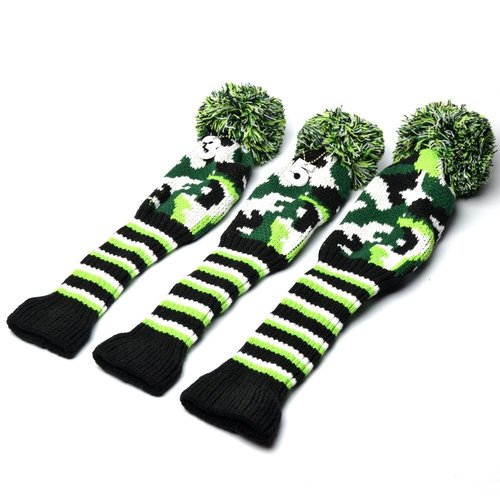 GOOACTION 3PCS Knitted Golf Head Covers 1-3-5 for Driver and Fairway Woods with Long Neck Design Camouflage Army Green Sock Pom Pom Camo Vintage Golf Club Head Covers Set