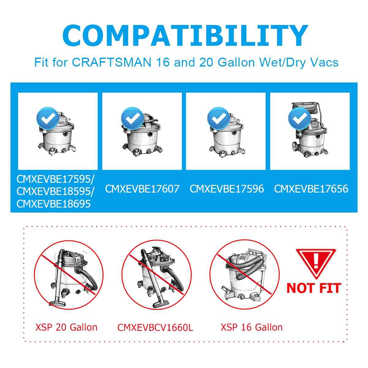 Zibopon 8 Pack CMXZVBE38749 Vacuum Dust Bags Replacement for CRAFTSMAN 16-20 Gallon Wet/Dry Shop Vac Bags: CMXEVBE17595, CMXEVBE17596, Part# 38749