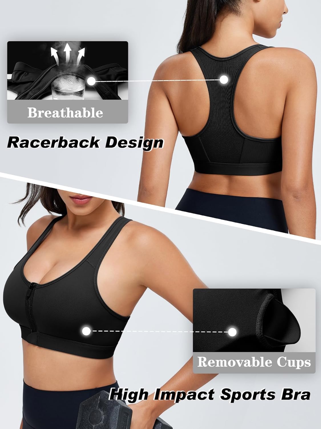 Skiennix High Support Sports Bra - Zip Front Closure Racerback for Women Post Surgery | Comfortable Fit