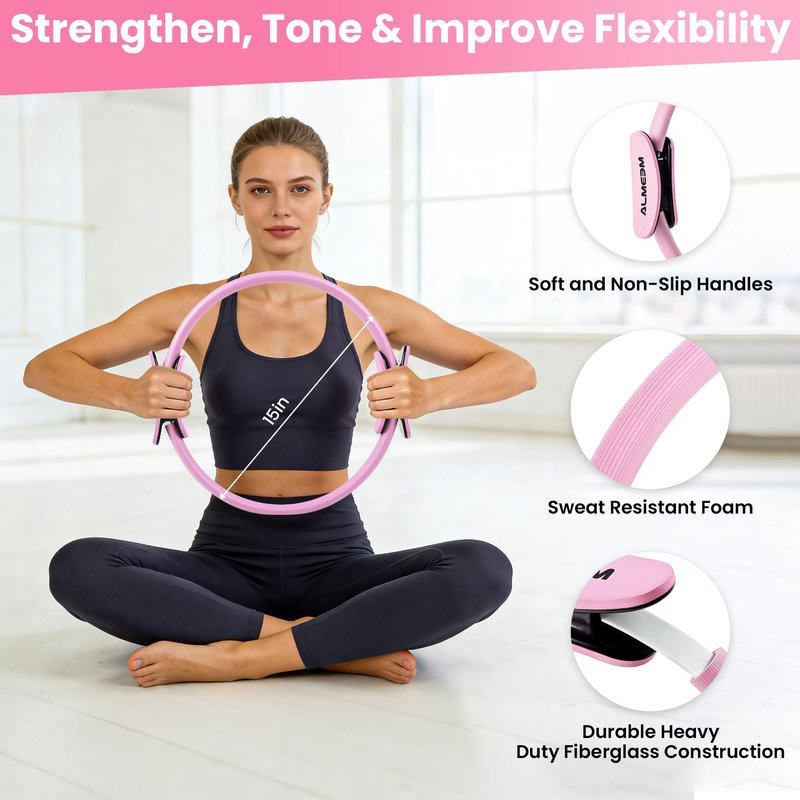 ALMEEM 12Pcs Pilates Ring Kit for Women and Men - 15 inch Magic Circle Exercise Ring and Ball Set for Home Workout Equipment - Dual Padded Handles Ring and Resistance Bands Set for All Fitness Lovers