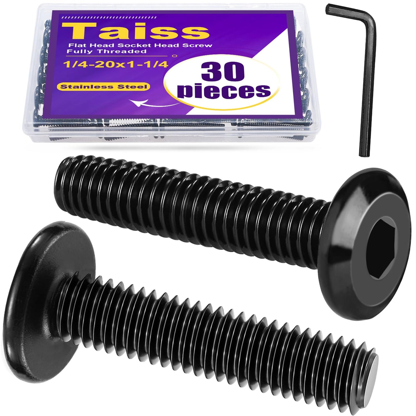 Taiss 25pcs 1/4-20 x 1-1/4" Flat Head Socket Head Screw,Furniture Bolts,Furniture Screws 304 Stainless Steel,1/4 Bolts Black Zinc Plated Fully Threaded,Countersunk Connector Screws with Hex Spanner