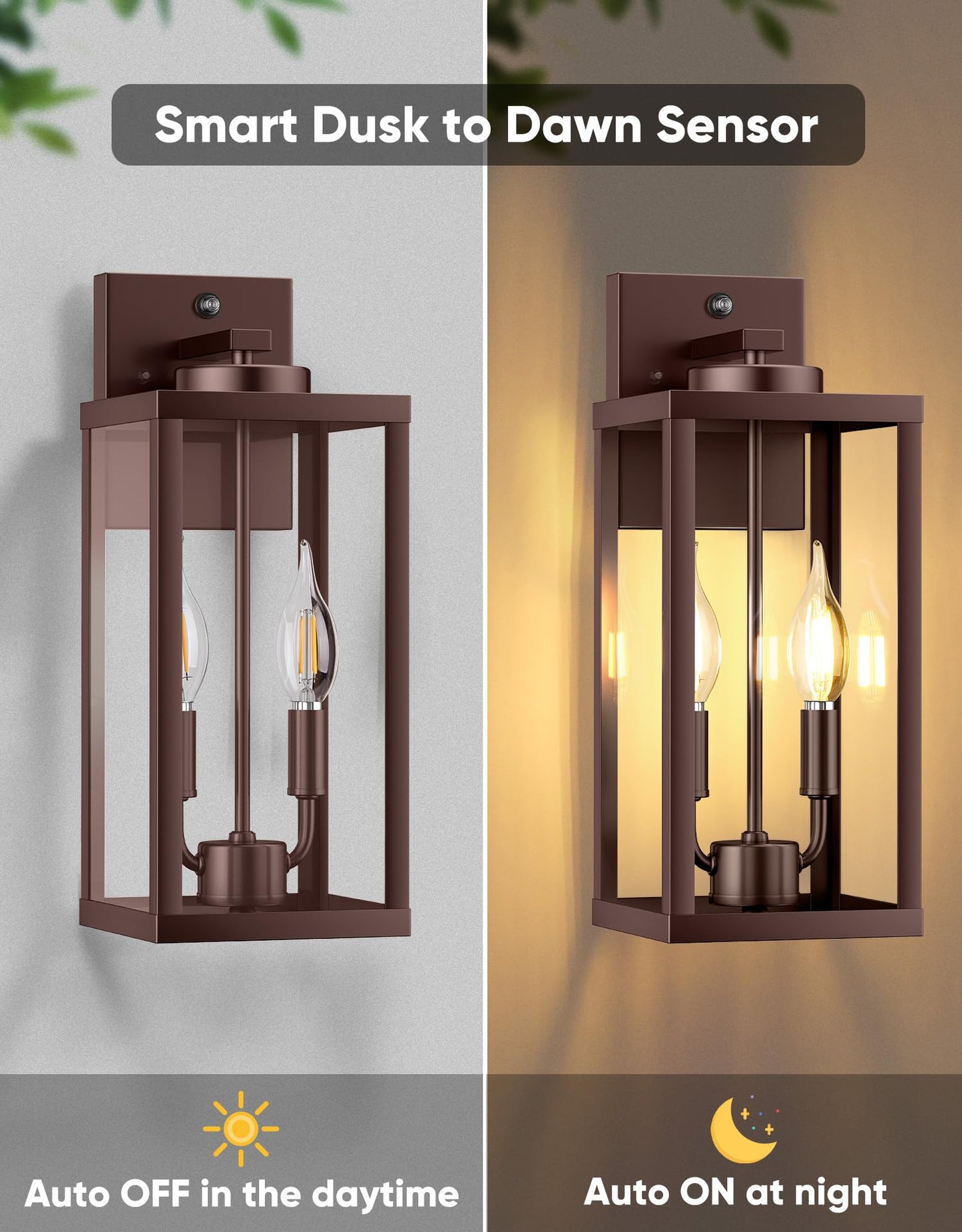 PARTPHONER Dusk to Dawn Outdoor Wall Sconce 2-Light, Transitional Wall Lantern Tall Wall Lamp, Waterproof Exterior Lighting Fixture with E12 Base Outside Lights for House Porch Garage, Bronze 2 Pack