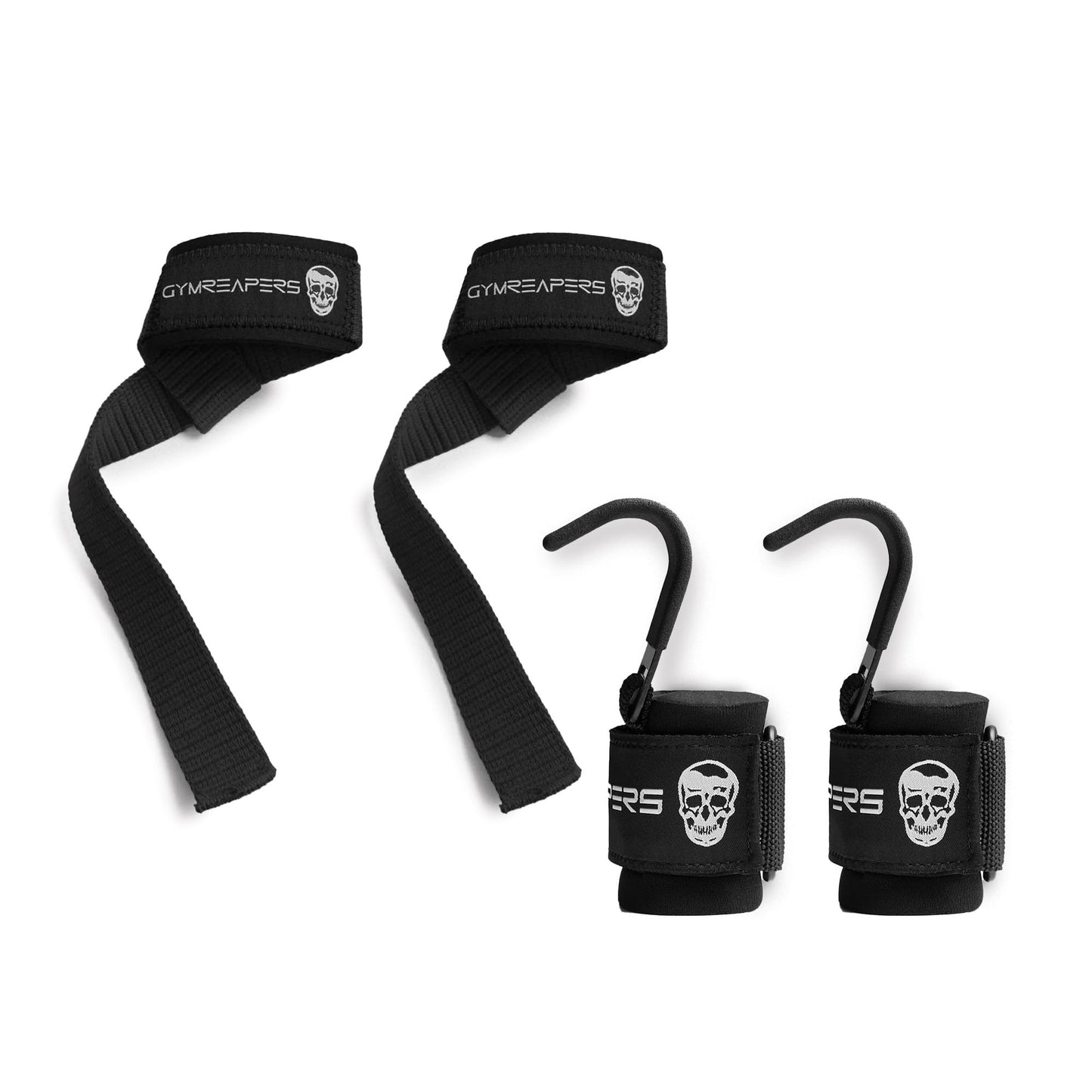 Gymreapers Lifting Straps & Hooks Bundle (Black) – Premium Grip Support Combo for Deadlifts, Pulls, Rows & Heavy Lifting