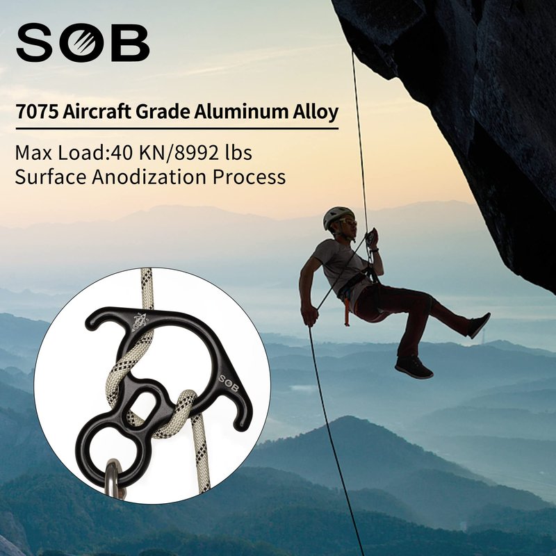 SOB 40KN Rescue Figure 8 Descender Belay Rappel Equipment Belay Rock Climbing Rigging Plate 7075 Aluminum Alloy for Climbing Belaying Rappelling Device, Black