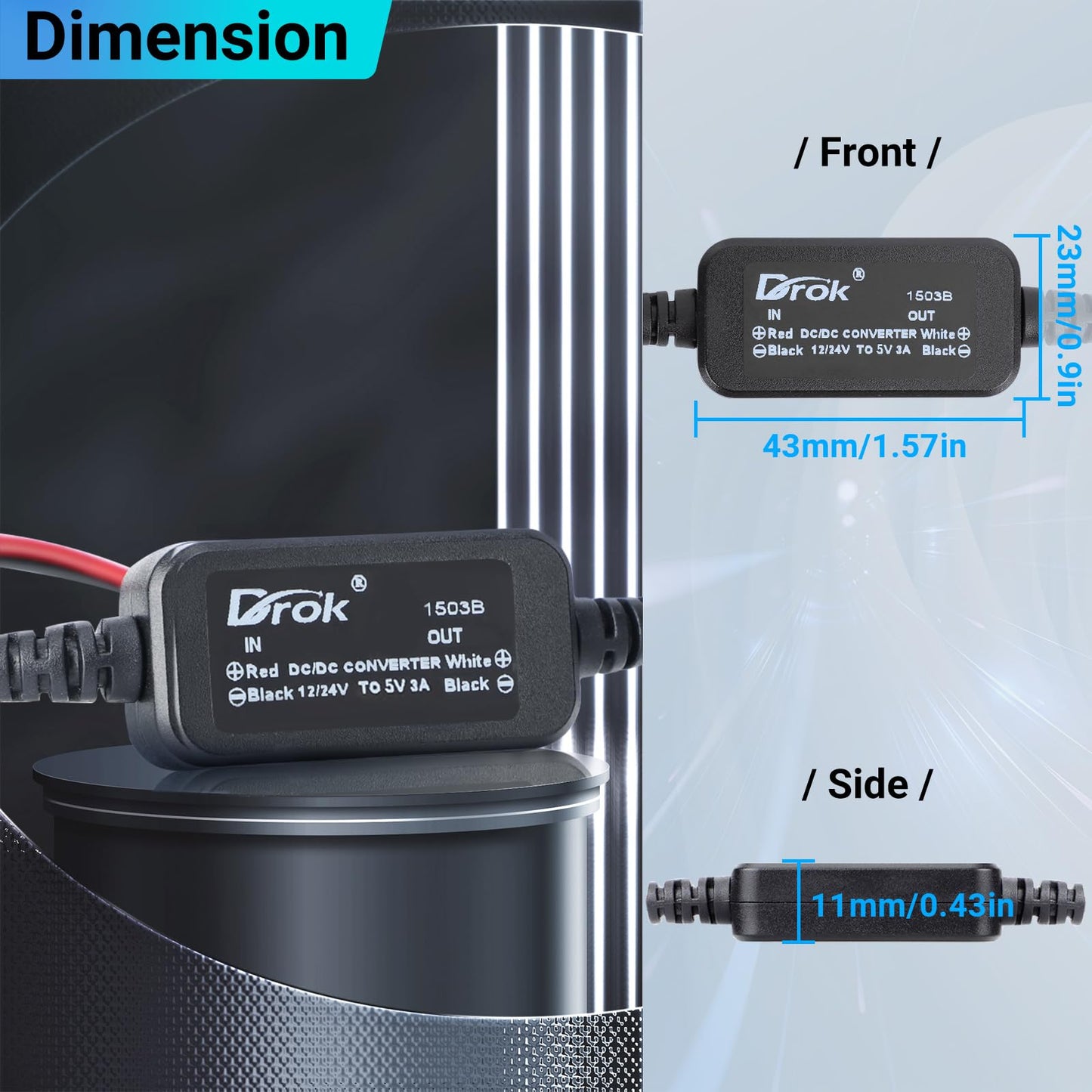 DROK 12V to 5V Converter, DC 8-32V to 5V Buck Converter 12V DC Power Supply 3A, Voltage Regulator for RV Solar Panels