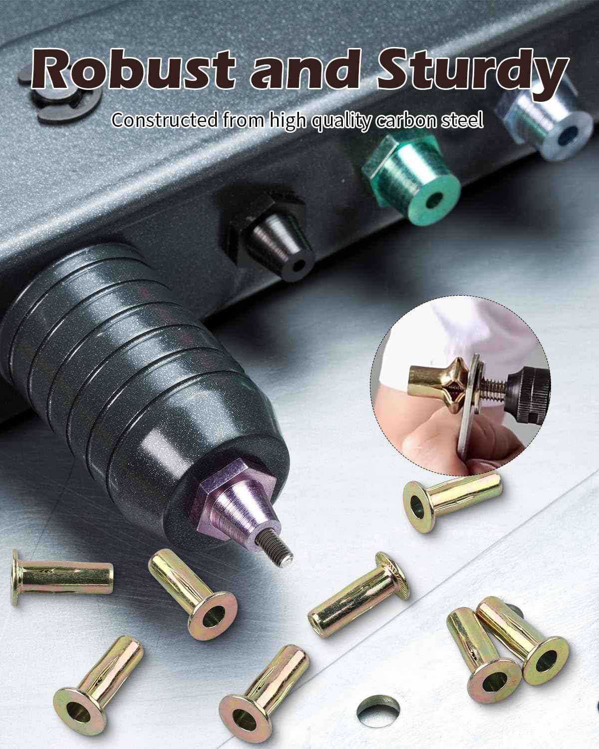 AOKLIT 50 Pcs Multi Grip Rivet Nut Kit, 1/4-20 Rivet Nuts Carbon Steel Pre-Bulbed Shank Color-Zinc-Plated Flat Head Threaded Insert Nut