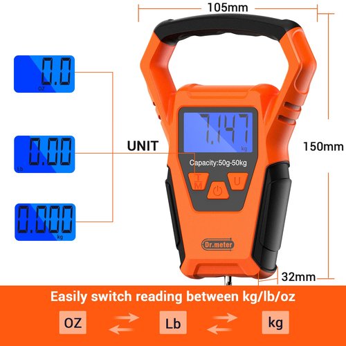 Dr.meter Waterproof Fish Scale - Digital Luggage Weight Scale with Backlit LCD Display | 110lb/50kg Capacity