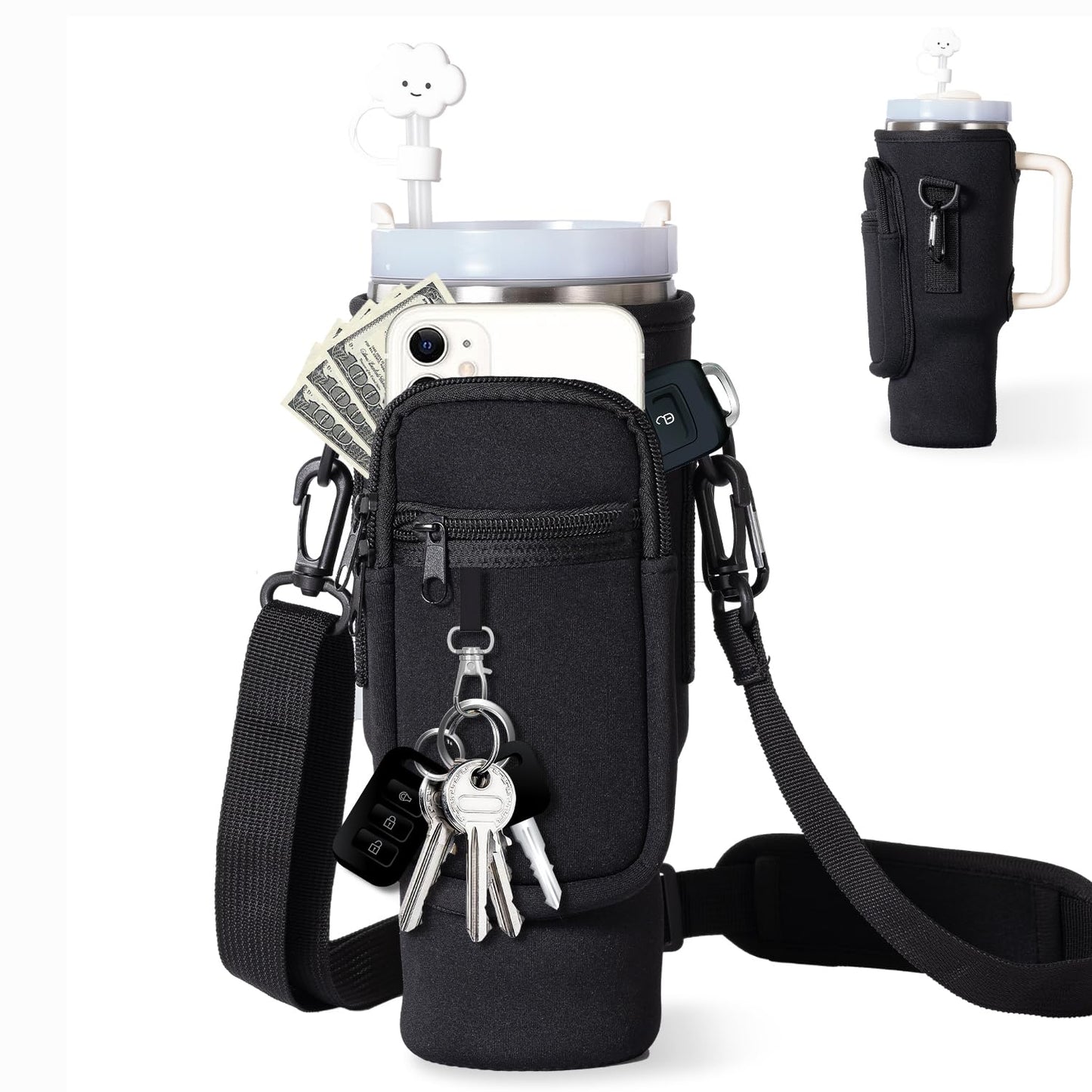 dabria Water Bottle Carrier Bag with Phone Pocket for Stanley 40/30 oz Tumbler Neoprene Water Bottle Holder Pouch with Adjustable Strap Bollus with Straw Cover for Stanley Cup Accessories